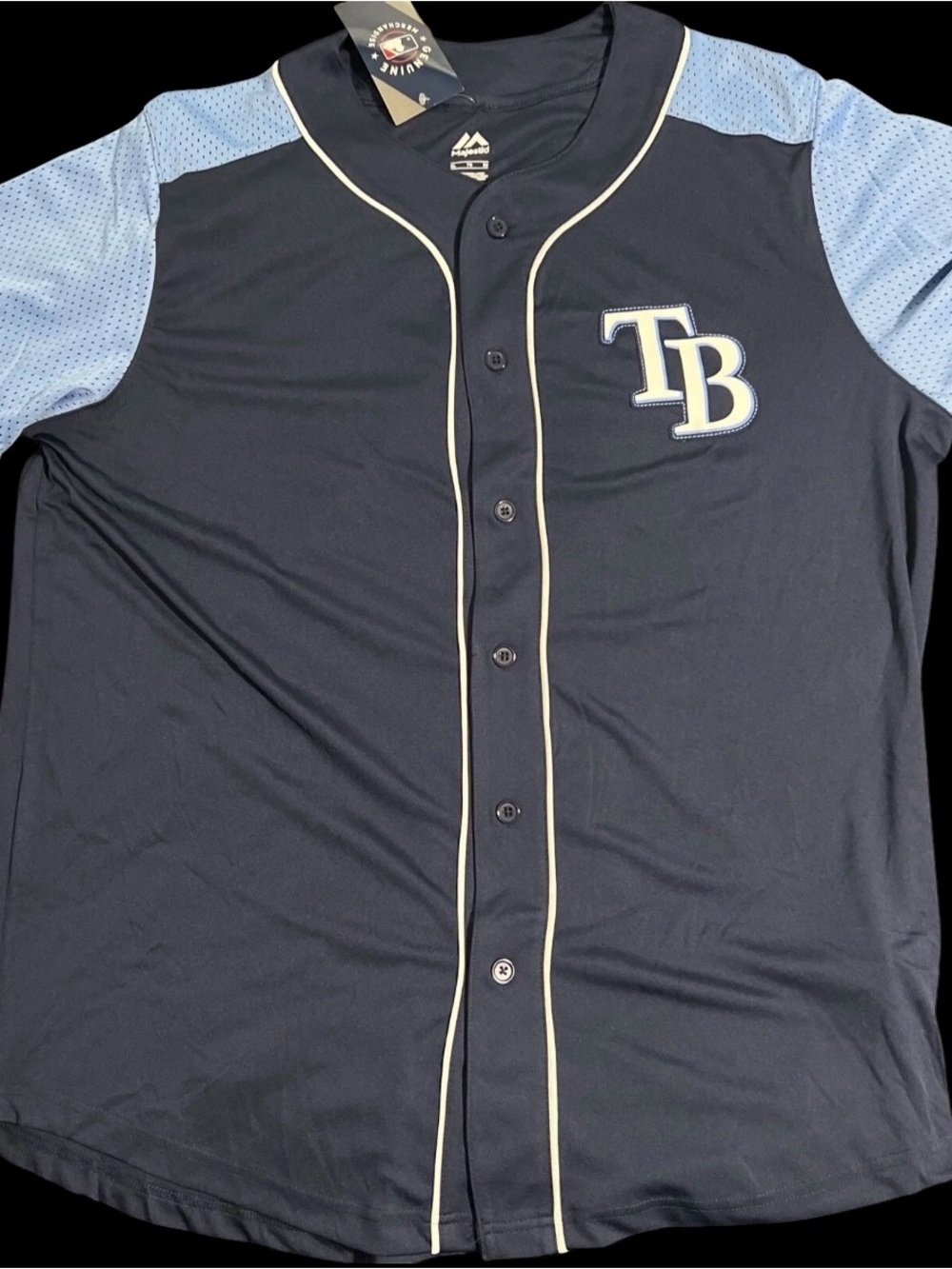 New Tampa Bay TB Baseball Jersey - Navy with Light Blue Sleeves XL